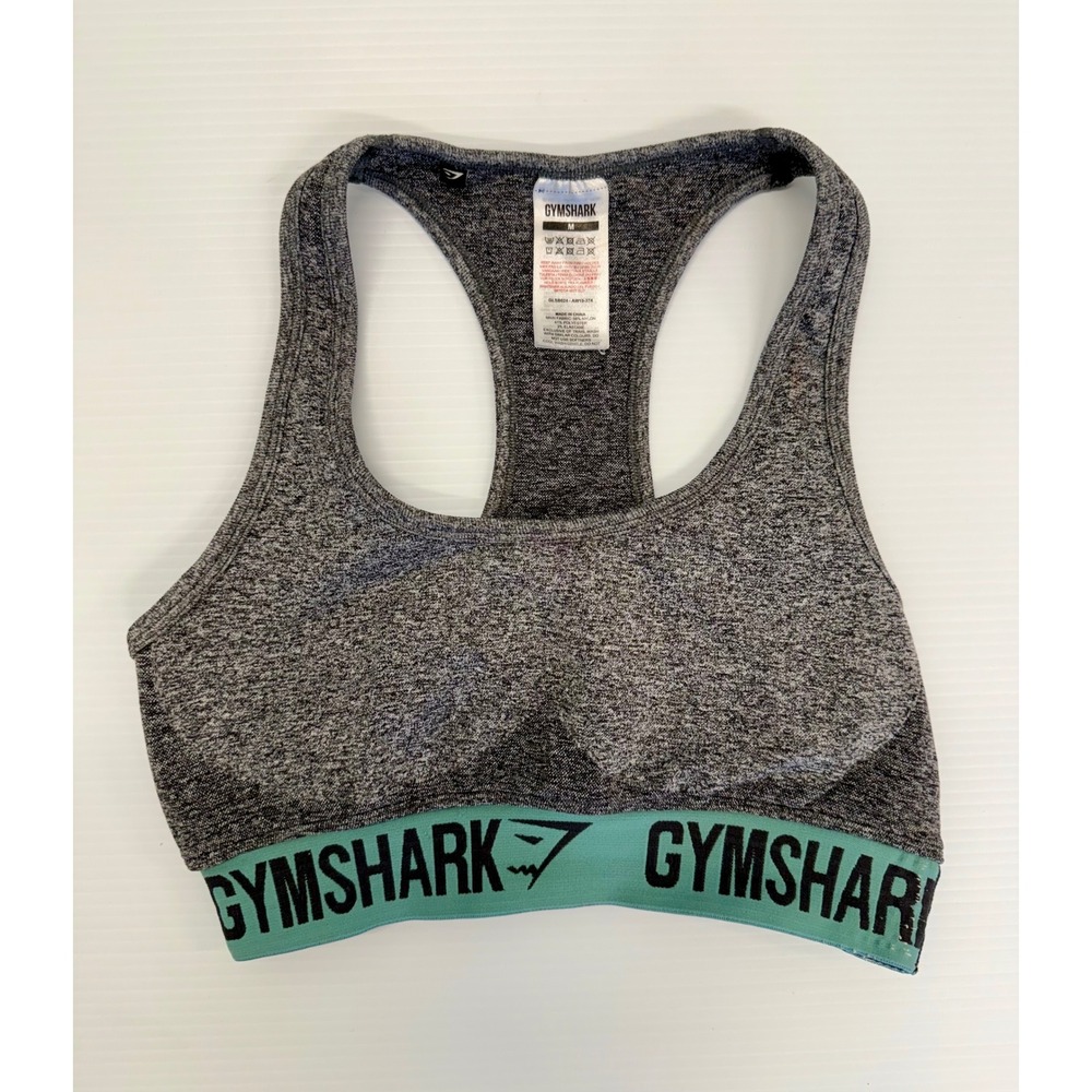 Gymshark Womens Grey Marl Teal Logo Racerback Sports Bra GLSB024 Size M